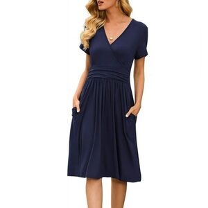 Navy Blue Midi Party Dress High Waist Surplice Front Popyoung Size Small NEW